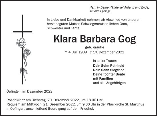 Traueranzeige von Klara Barbara Gog von Ehinger Tagblatt