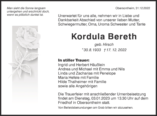 Traueranzeige von Kordula Bereth von Haller Tagblatt