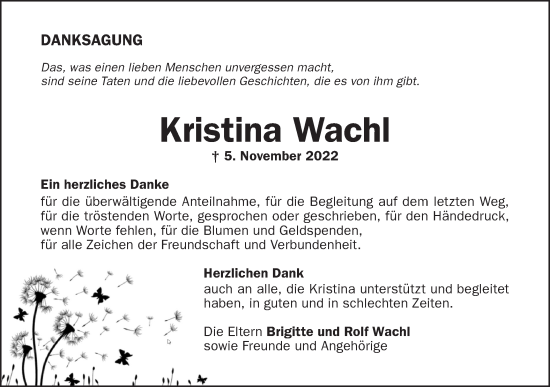 Traueranzeige von Kristina Wachl von Haller Tagblatt