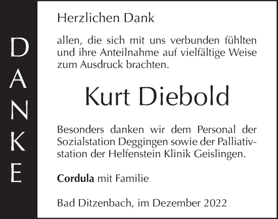 Traueranzeige von Kurt Diebold von Geislinger Zeitung