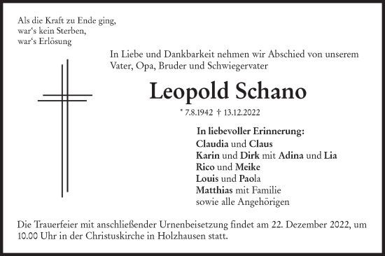 Traueranzeige von Leopold Schano von NWZ Neue Württembergische Zeitung