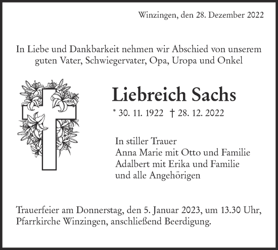 Traueranzeige von Liebreich Sachs von NWZ Neue Württembergische Zeitung