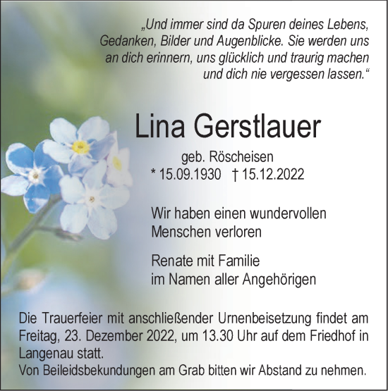 Traueranzeige von Lina Gerstlauer von SÜDWEST PRESSE Ausgabe Ulm/Neu-Ulm