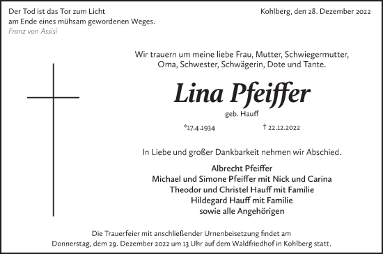 Traueranzeige von Lina Pfeiffer von Metzinger-Uracher Volksblatt