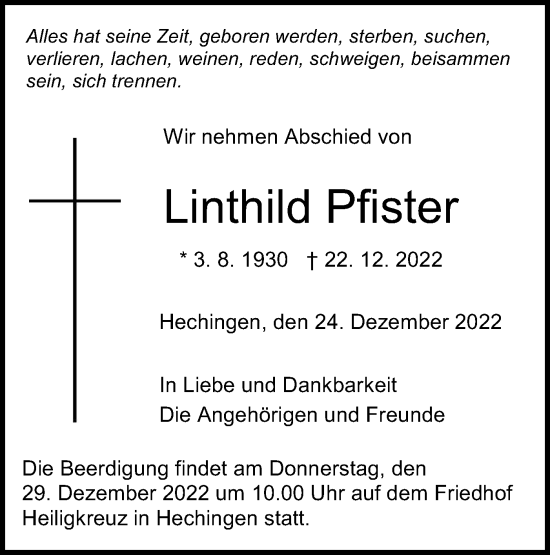 Traueranzeige von Linthild Pfister von Metzinger-Uracher Volksblatt