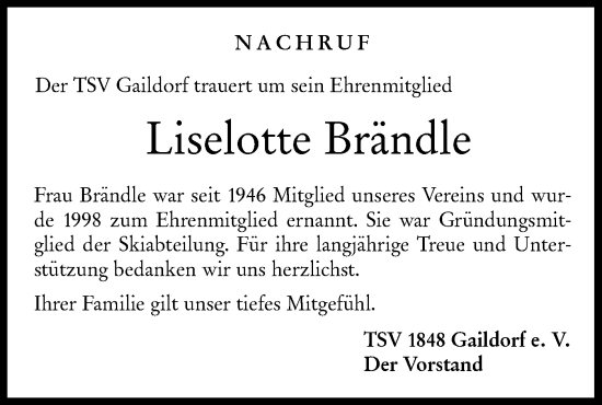 Traueranzeige von Liselotte Brändle von Rundschau Gaildorf