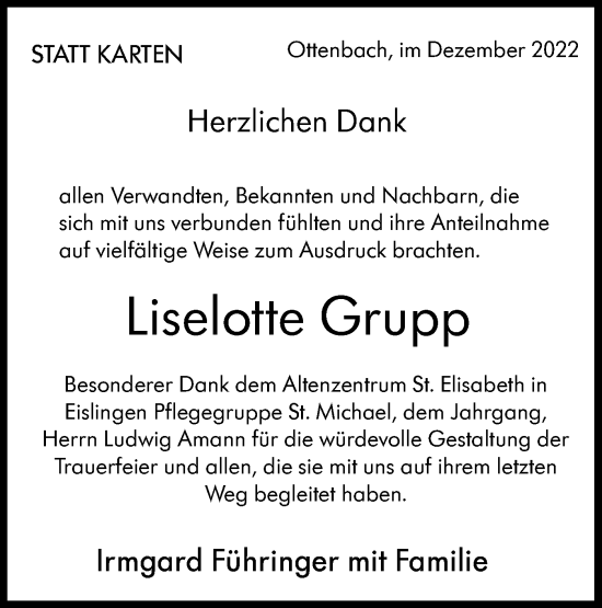 Traueranzeige von Liselotte Grupp von NWZ Neue Württembergische Zeitung