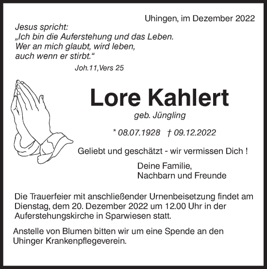 Traueranzeige von Lore Kahlert von NWZ Neue Württembergische Zeitung