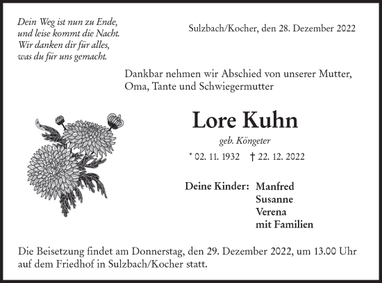 Traueranzeige von Lore Kuhn von Rundschau Gaildorf