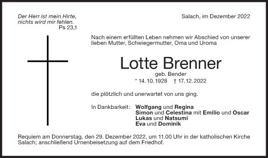 Traueranzeige von Lotte Brenner von NWZ Neue Württembergische Zeitung