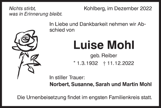 Traueranzeige von Luise Mohl von Metzinger-Uracher Volksblatt