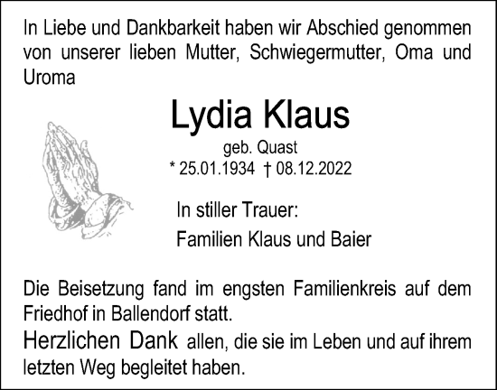 Traueranzeige von Lydia Klaus von SÜDWEST PRESSE Ausgabe Ulm/Neu-Ulm