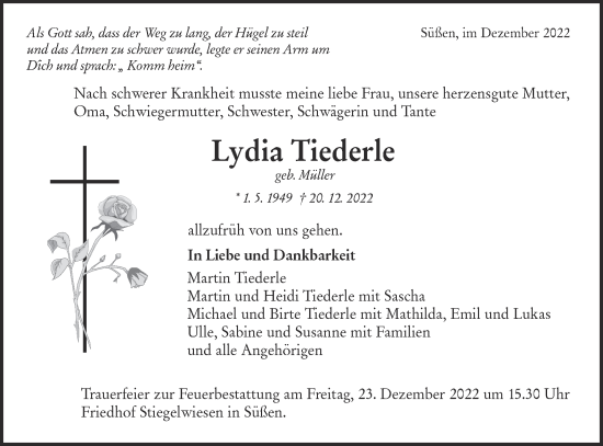 Traueranzeige von Lydia Tiederle von NWZ Neue Württembergische Zeitung