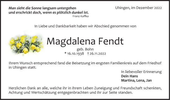 Traueranzeige von Magdalena Fendt von NWZ Neue Württembergische Zeitung