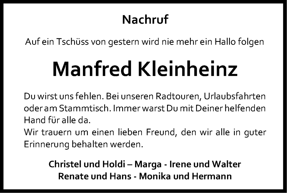  Traueranzeige für Manfred Kleinheinz vom 21.12.2022 aus Hohenloher Tagblatt