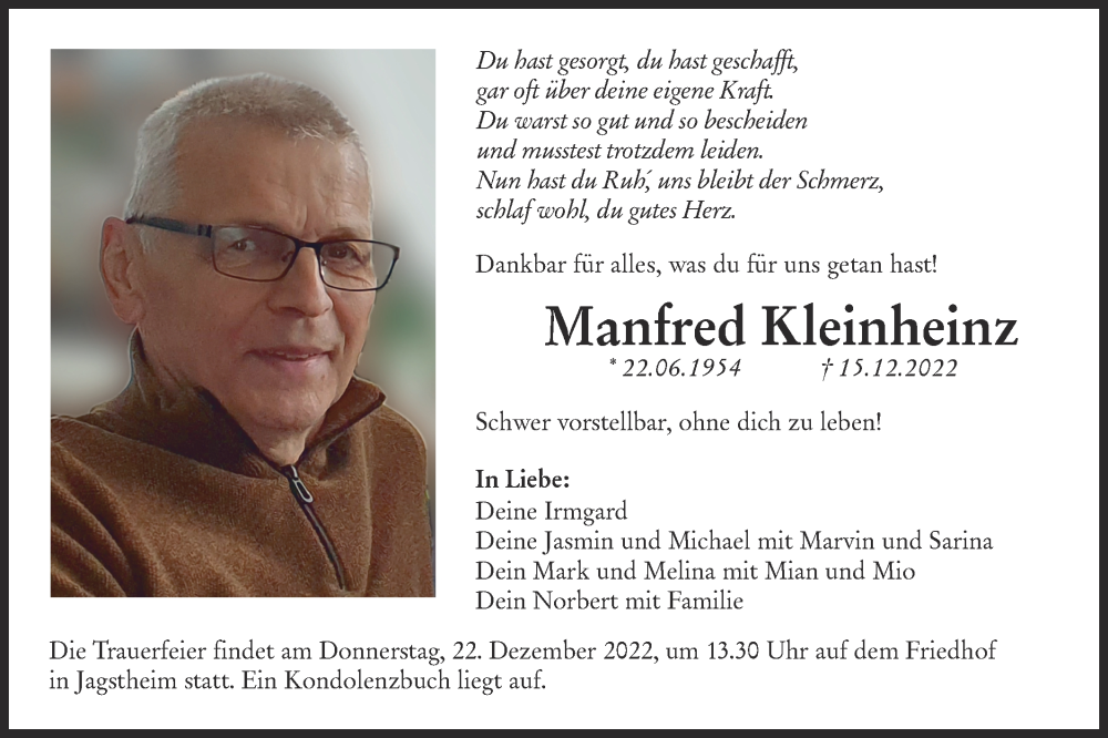  Traueranzeige für Manfred Kleinheinz vom 20.12.2022 aus Hohenloher Tagblatt