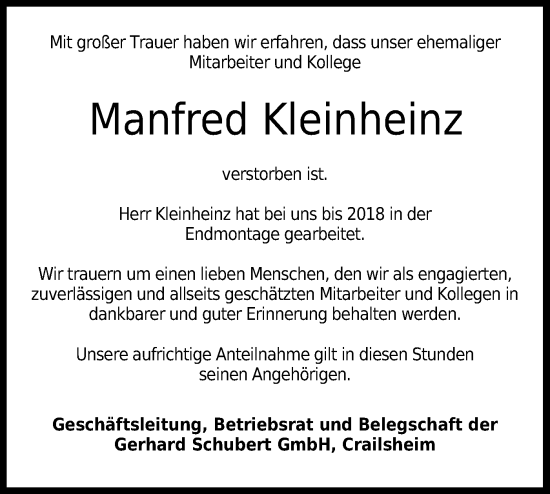 Traueranzeige von Manfred Kleinheinz von Hohenloher Tagblatt