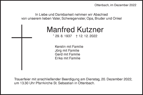 Traueranzeige von Manfred Kutzner von NWZ Neue Württembergische Zeitung