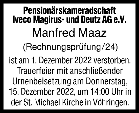 Traueranzeige von Manfred Maaz von SÜDWEST PRESSE Ausgabe Ulm/Neu-Ulm