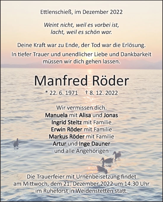 Traueranzeige von Manfred Röder von SÜDWEST PRESSE Ausgabe Ulm/Neu-Ulm