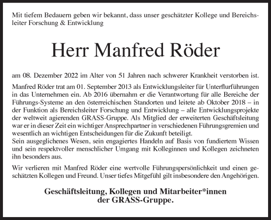 Traueranzeige von Manfred Röder von Geislinger Zeitung