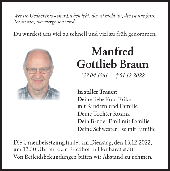 Traueranzeige von Manfred Gottlieb Braun von Hohenloher Tagblatt