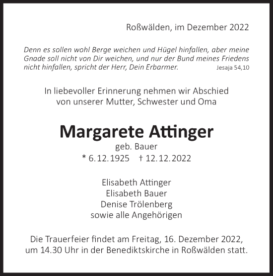 Traueranzeige von Margarete Attinger von NWZ Neue Württembergische Zeitung