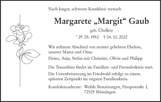 Traueranzeige von Margarete Gaub von Alb-Bote/Metzinger-Uracher Volksblatt