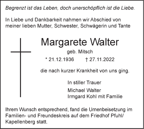 Traueranzeige von Margarete Walter von SÜDWEST PRESSE Ausgabe Ulm/Neu-Ulm