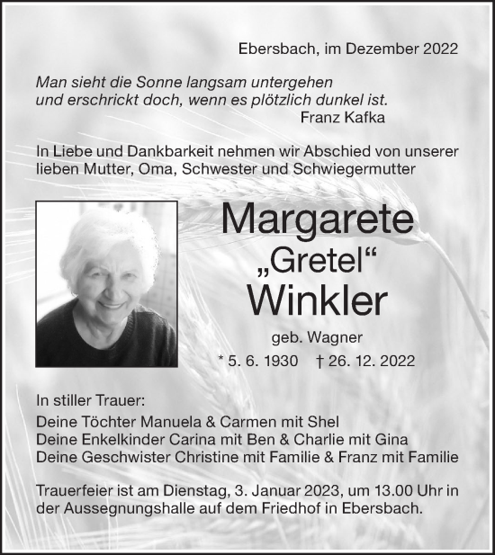 Traueranzeige von Margarete Winkler von NWZ Neue Württembergische Zeitung