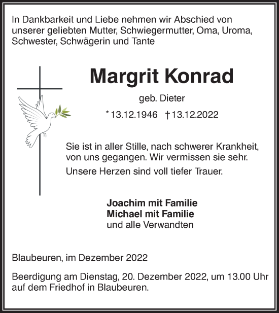 Traueranzeige von Margrit Konrad von SÜDWEST PRESSE