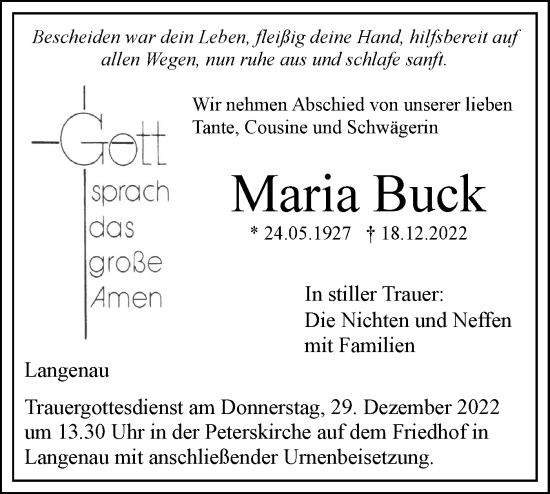 Traueranzeige von Maria Buck von SÜDWEST PRESSE Ausgabe Ulm/Neu-Ulm