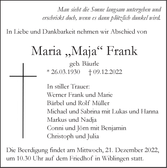 Traueranzeige von Maria Frank von SÜDWEST PRESSE Ausgabe Ulm/Neu-Ulm