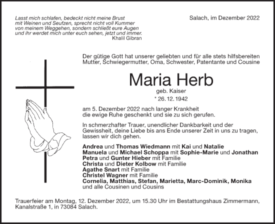 Traueranzeige von Maria Herb von NWZ Neue Württembergische Zeitung