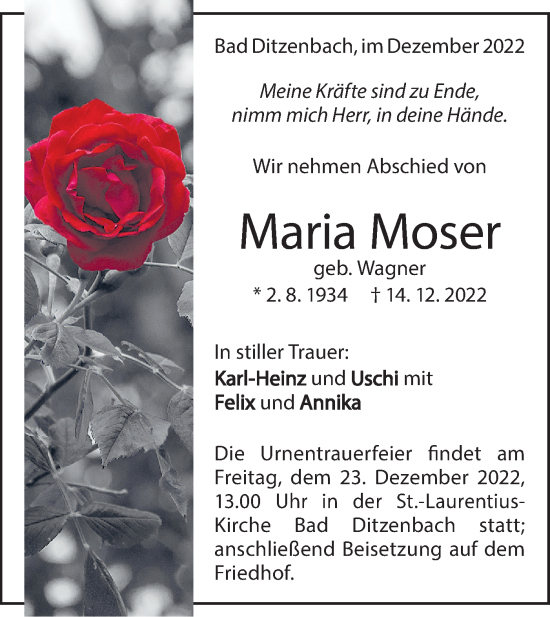 Traueranzeige von Maria Moser von Geislinger Zeitung