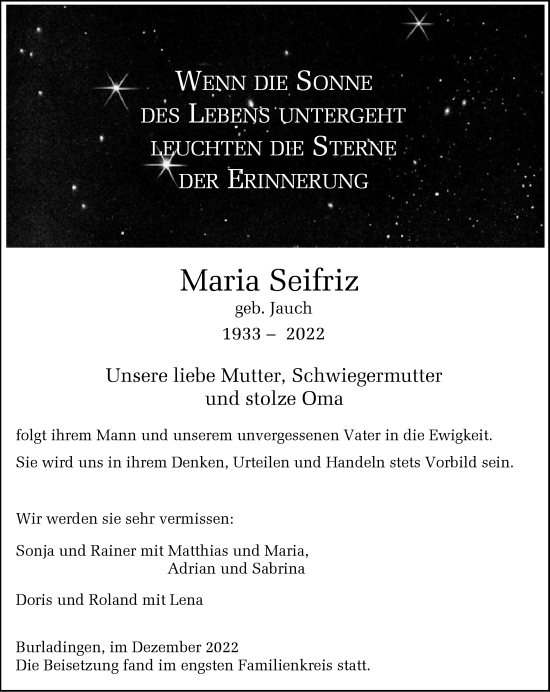 Traueranzeige von Maria Seifriz von Metzinger-Uracher Volksblatt