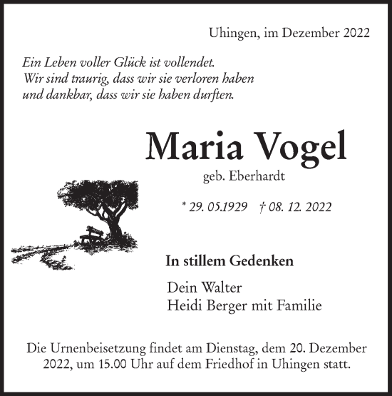 Traueranzeige von Maria Vogel von NWZ Neue Württembergische Zeitung