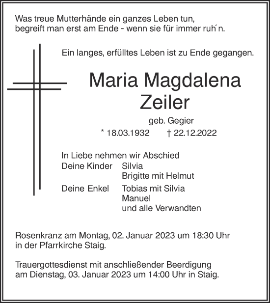 Traueranzeige von Maria MAgdalena Zeiler von SÜDWEST PRESSE Ausgabe Ulm/Neu-Ulm