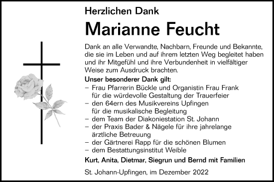 Traueranzeige von Marianne Feucht von Alb-Bote/Metzinger-Uracher Volksblatt