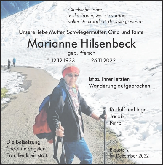 Traueranzeige von Marianne Hilsenbeck von SÜDWEST PRESSE Ausgabe Ulm/Neu-Ulm