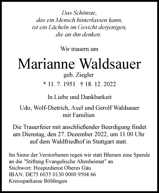 Traueranzeige von Marianne Waldsauer von Haller Tagblatt