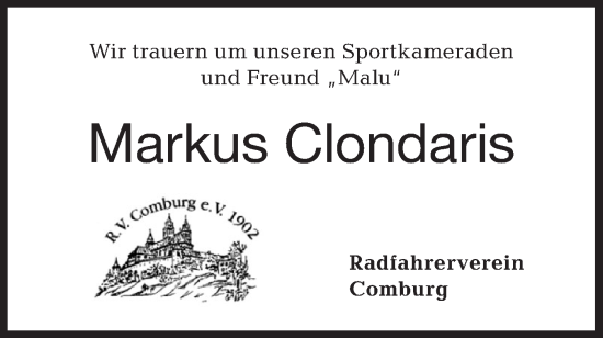 Traueranzeige von Markus Clondaris von Haller Tagblatt