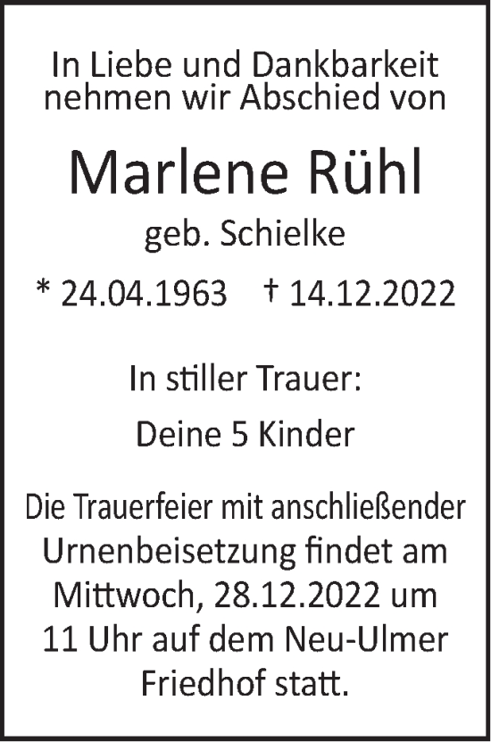 Traueranzeige von Marlene Rühl von SÜDWEST PRESSE Ausgabe Ulm/Neu-Ulm