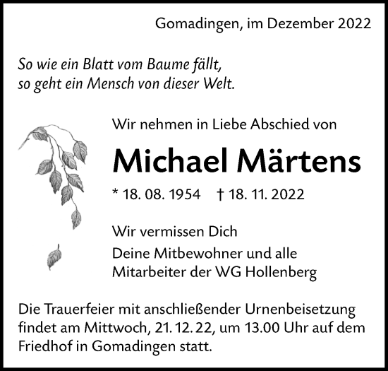 Traueranzeige von Michael Märtens von Alb-Bote/Metzinger-Uracher Volksblatt