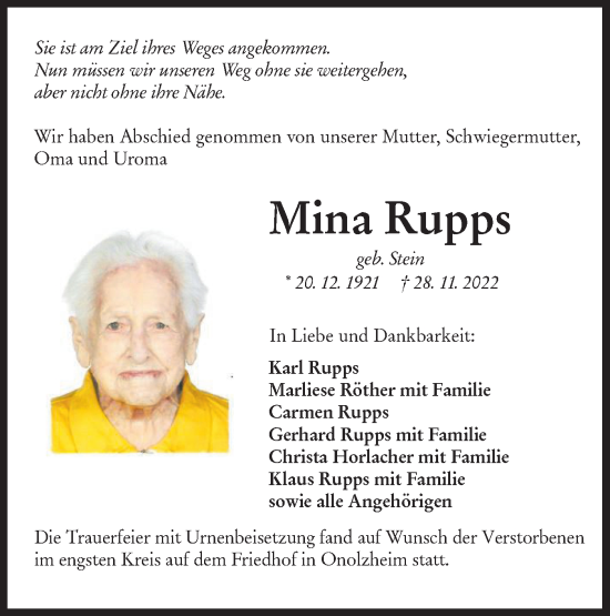 Traueranzeige von Mina Rupps von Rundschau Gaildorf