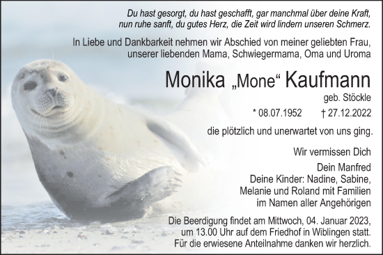 Traueranzeige von Monika Kaufmann von SÜDWEST PRESSE Ausgabe Ulm/Neu-Ulm