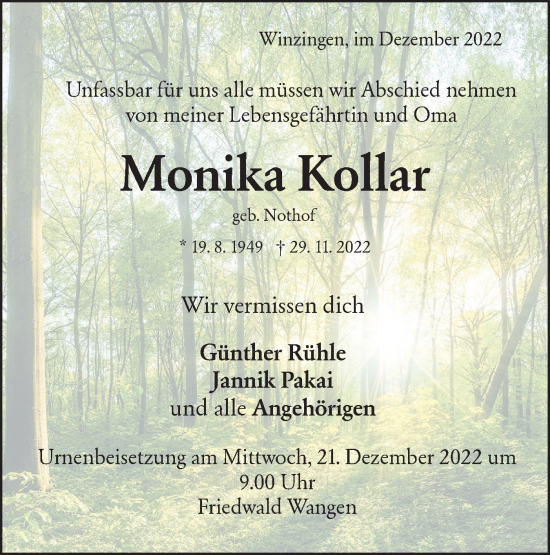 Traueranzeige von Monika Kollar von NWZ Neue Württembergische Zeitung