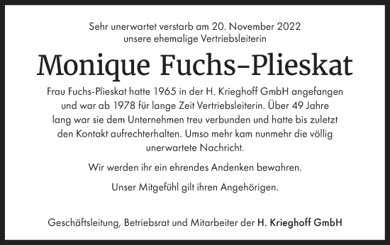 Traueranzeige von Monique Fuchs-Plieskat von SÜDWEST PRESSE Ausgabe Ulm/Neu-Ulm