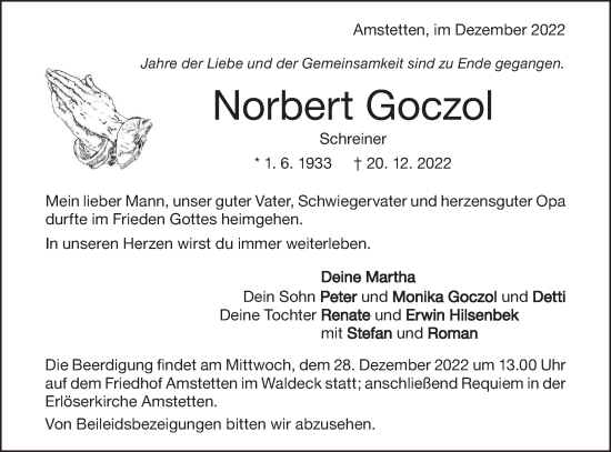 Traueranzeige von Norbert Goczol von Geislinger Zeitung