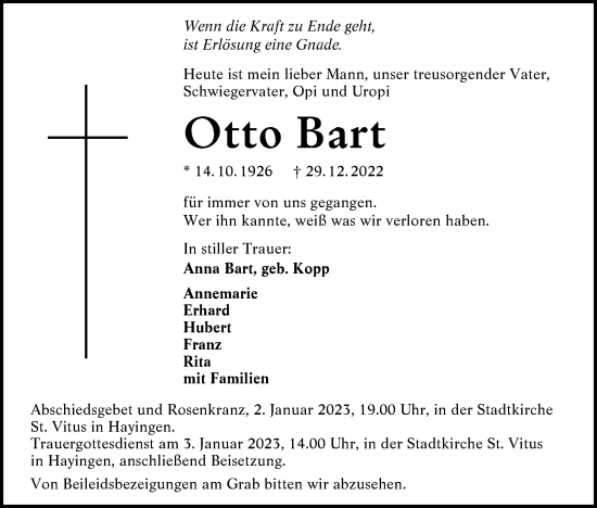 Traueranzeige von Otto Bart von Alb-Bote/Metzinger-Uracher Volksblatt